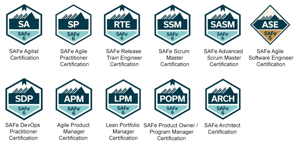 Agile Product Manager Lean Portfolio Manager Product Owner / Product Manager Agile Software Engineer SAFe Agilist SAFe Practitioner SAFe Scrum Master SAFe Advanced Scrum Master SAFe DevOps Practitioner